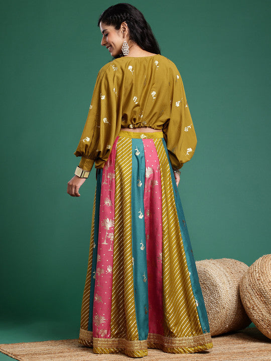 Foil Printed V-Neck Dolman Sleeves Ready to Wear Lehenga Choli