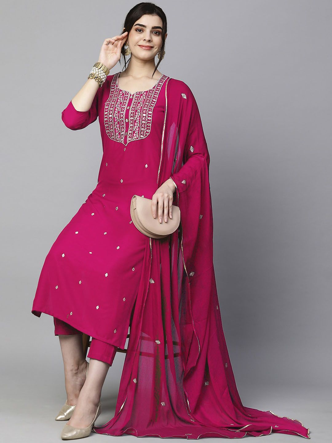 Women Ethnic Motifs Embroidered Regular Kurta With Trousers & Dupatta-10