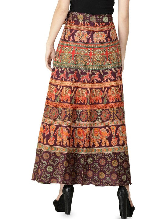 Amaranth Wrap-Around Long Skirt with Printed Elephants and Deer-4