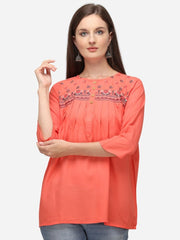 Women Peach-Colour Embroidered Straight Tunic