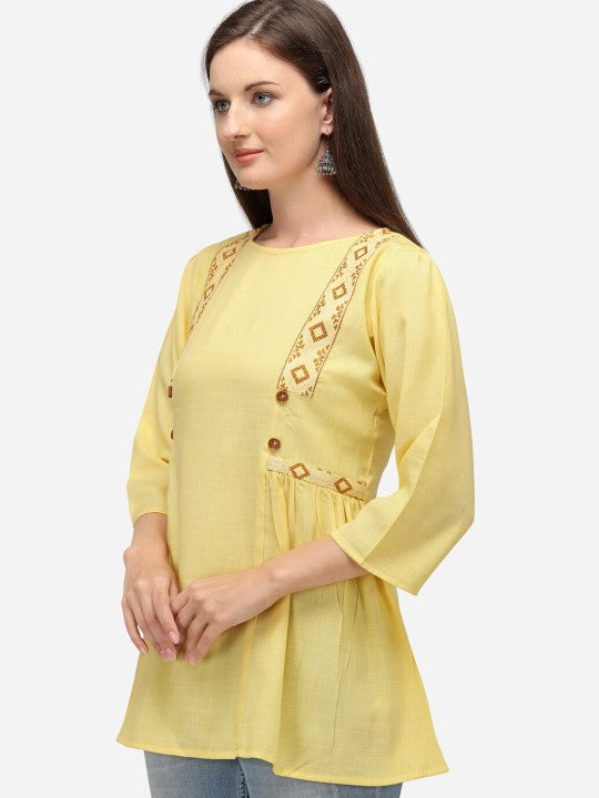 Raisin Women Yellow Embroidered Straight Tunic
