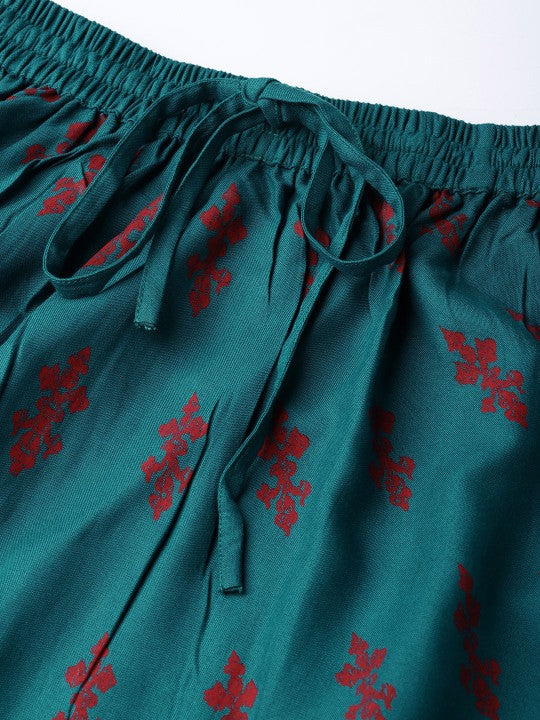 Anayna Teal Blue & Red Printed Flared Maxi Skirt-3