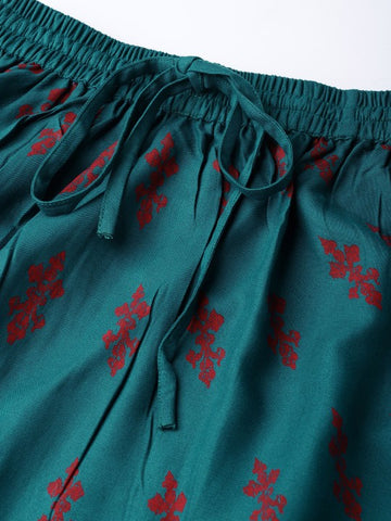 Teal Blue & Red Printed Flared Maxi Skirt