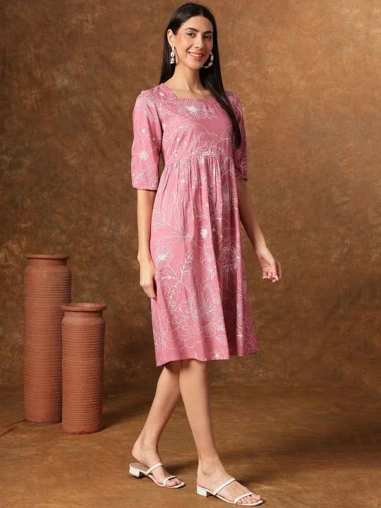 Blue & White Floral Square neck Fit N Flare Dress