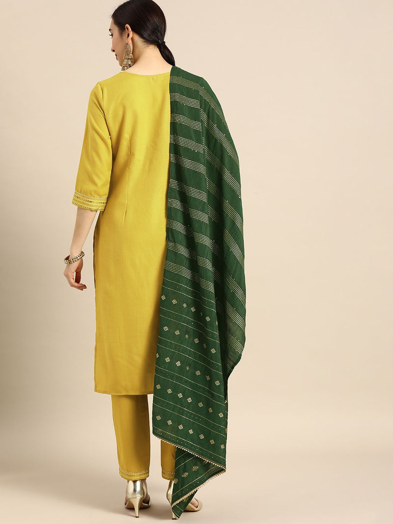 Women Mustard Yellow Yoke Design Foil Printed Kurta with Trousers & Dupatta-2