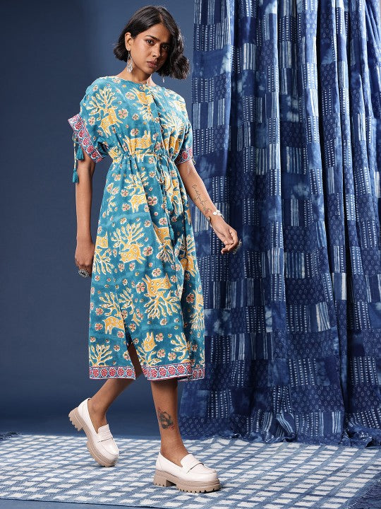 Pure Cotton Printed Tie Up Waist A-Line Sanganeri Ethnic Dress With Side Slit-4