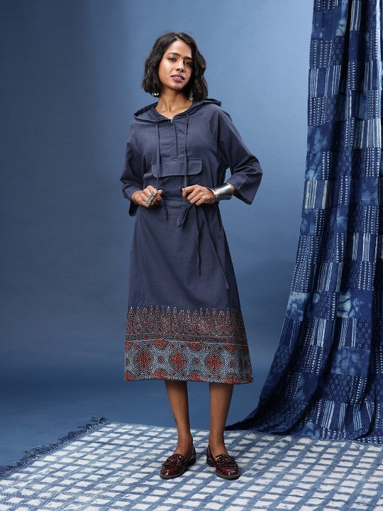 Printed Hooded Tie-Ups Ajrakh A-Line Dress-2
