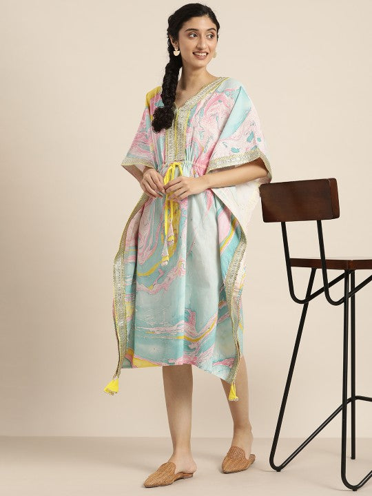 Women Blue & Pink Pure Cotton Marbel Print Kaftaan Kurta-3