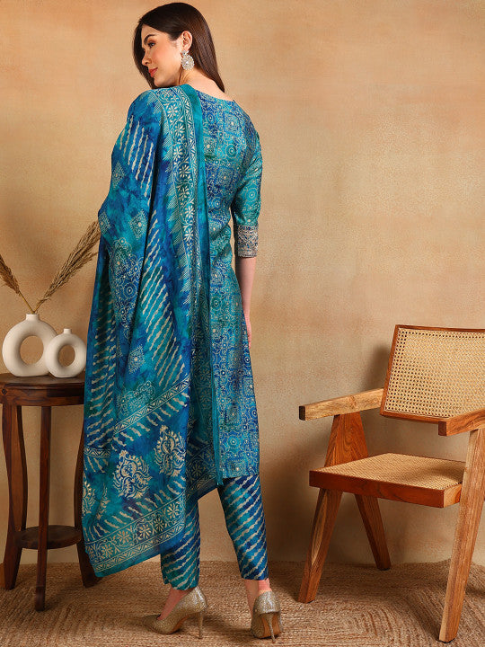 Ethnic Motifs Printed Thread Work Straight Kurta With Trouser & Dupatta-6