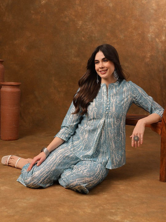Blue Printed Top With Straight Fit Trousers-1