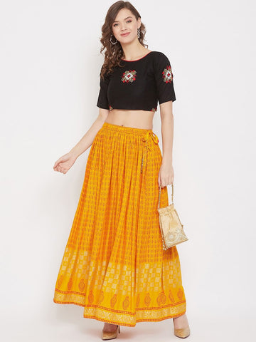 Women Teal Blue & Gold-Colored Geometric Printed Flared Maxi Skirt
