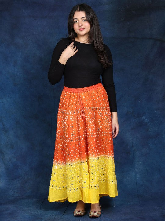 Paprika And Lemon Bandhani Tie-Dye Pure Cotton Skirt with Large Sequins-1