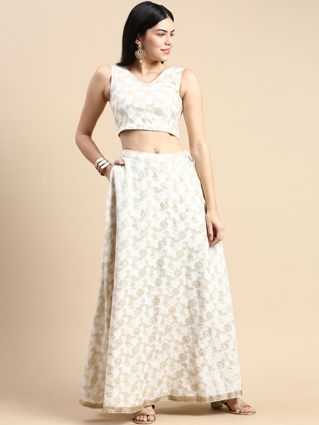 Ethnic Motif Woven Design Flared Maxi Skirt