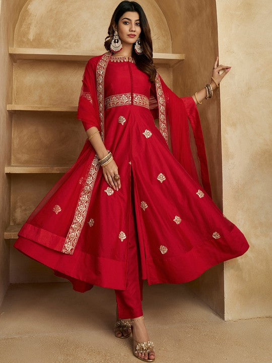 Ethnic Motifs Embroidered High Slit Zari Kurta with Trousers & With Dupatta-1