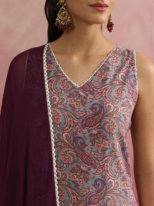 Paisley Printed V-Neck Sleeveless Kurta with Palazzos & With Dupatta-9