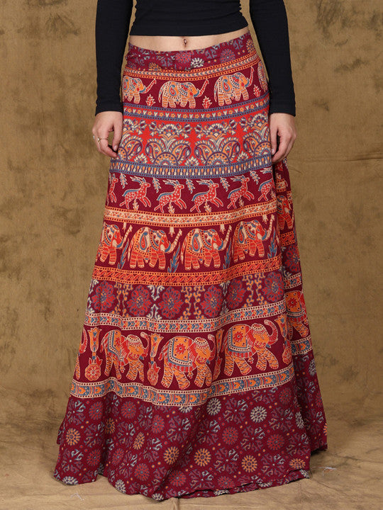 Amaranth Wrap-Around Long Skirt with Printed Elephants and Deer-9