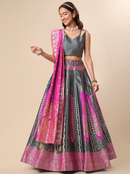 Navy Blue Lehenga & Unstitched Blouse With Dupatta-8