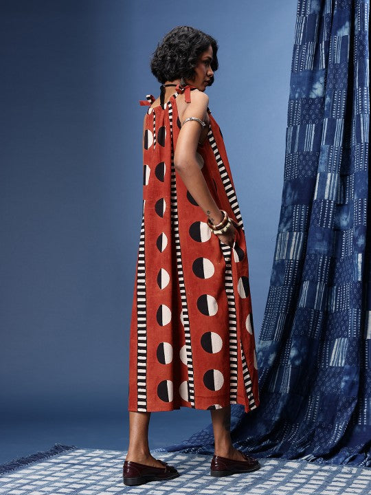 Printed Halter Neck Tie-Ups Pure Cotton Bagru A-Line Ethnic Dresses-3