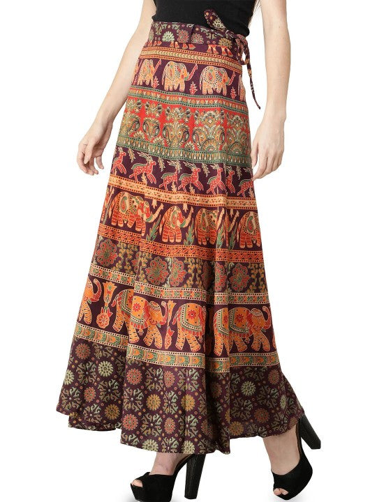 Amaranth Wrap-Around Long Skirt with Printed Elephants and Deer-2