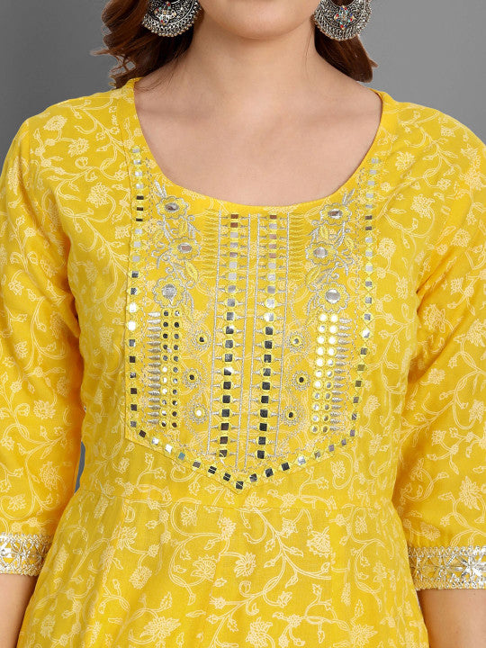 Floral Printed Mirror Work Anarkali Kurta & Trousers With Dupatta-10