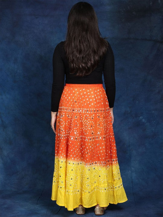 Paprika And Lemon Bandhani Tie-Dye Pure Cotton Skirt with Large Sequins-4