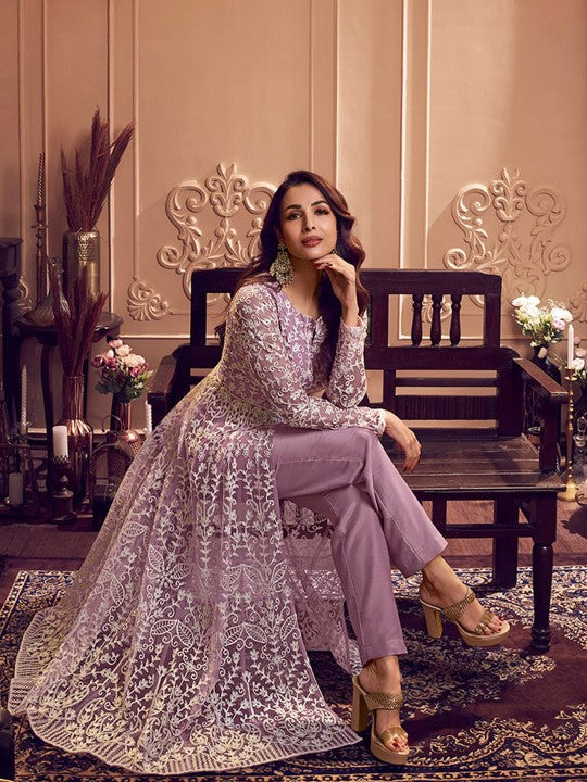 Floral Embroidered Keyhole Neck Long Sleeve High Slit Thread Work Kurta Set-1