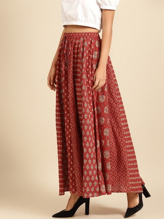 Maroon & Beige Printed Pure Cotton Maxi Flared Skirt-3