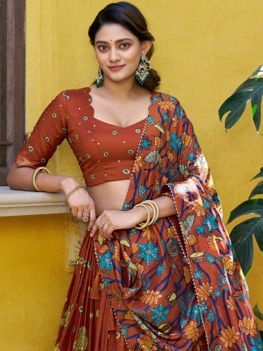 Printed Kalamkari Ready to Wear Lehenga & Unstitched Blouse With Dupatta-14