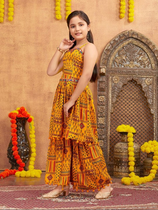 Girls Ethnic Motifs Printed Empire Mirror Work Kurta with Sharara-4