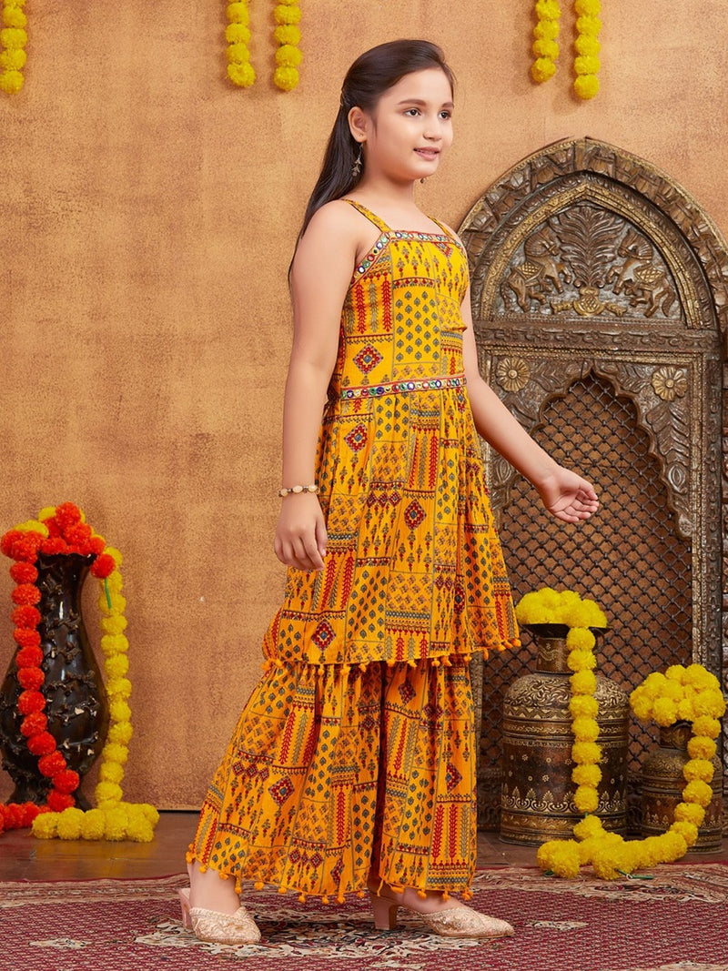 Girls Ethnic Motifs Printed Empire Mirror Work Kurta with Sharara-3