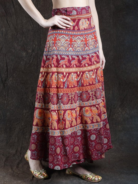 Amaranth Wrap-Around Long Skirt with Printed Elephants and Deer