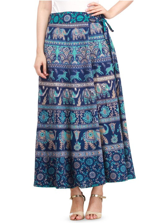 Amaranth Wrap-Around Long Skirt with Printed Elephants and Deer