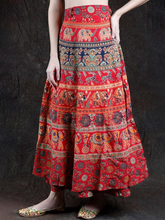 Amaranth Wrap-Around Long Skirt with Printed Elephants and Deer