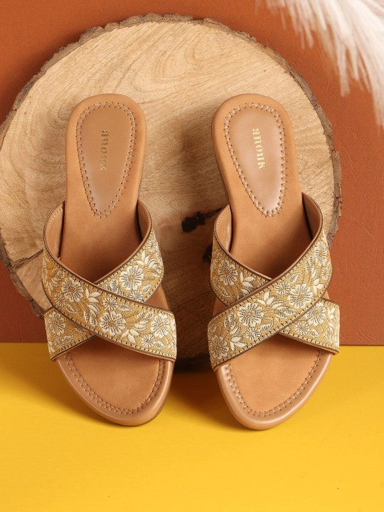 Women Woven Design Embroidered Open Toe Flats-9