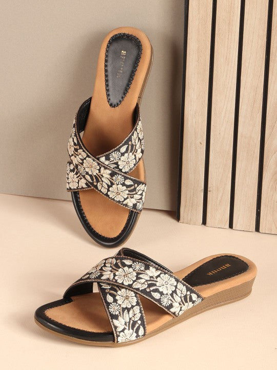 Women Woven Design Embroidered Open Toe Flats