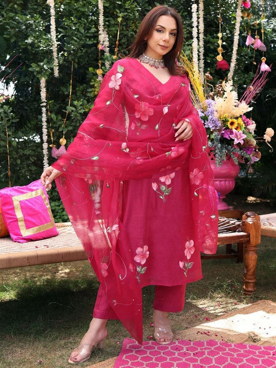 Floral Printed V-Neck Straight Kurta With Palazzos And Dupatta-1