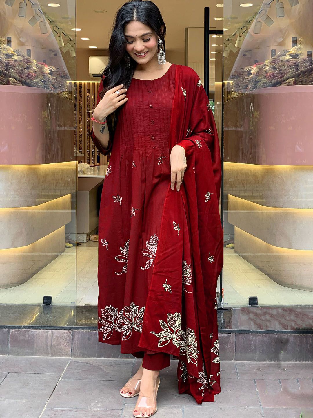 Floral Printed Pleated Round Neck Anarkali Kurta With Trousers & Dupatta-6
