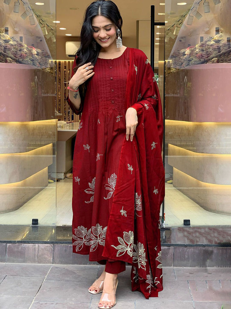 Floral Printed Pleated Round Neck Anarkali Kurta With Trousers & Dupatta-6