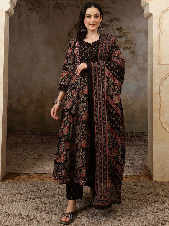 Black Floral Printed Pure Cotton Anarkali Kurta With Trousers & Dupatta-1