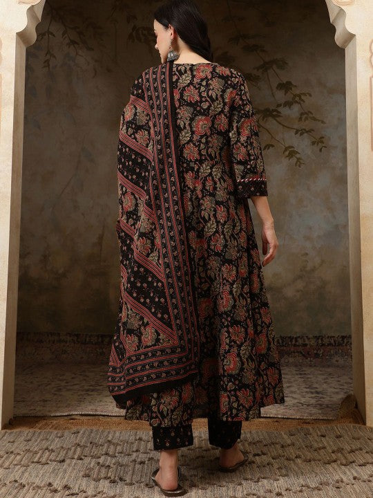Black Floral Printed Pure Cotton Anarkali Kurta With Trousers & Dupatta-2