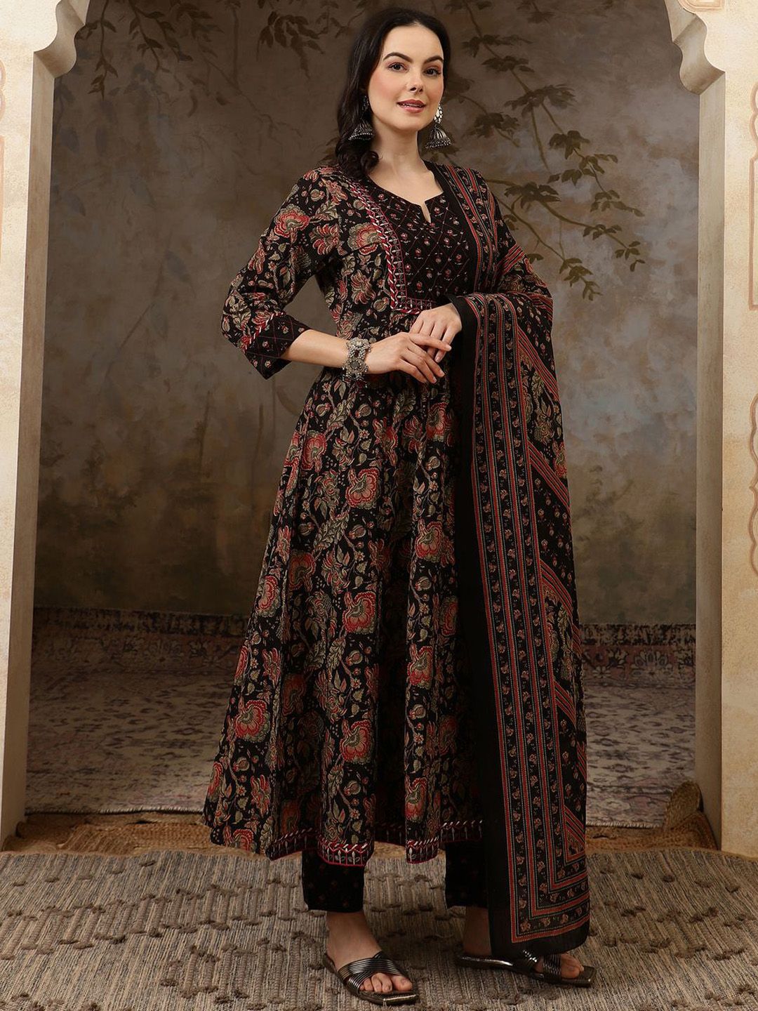 Black Floral Printed Pure Cotton Anarkali Kurta With Trousers & Dupatta-3