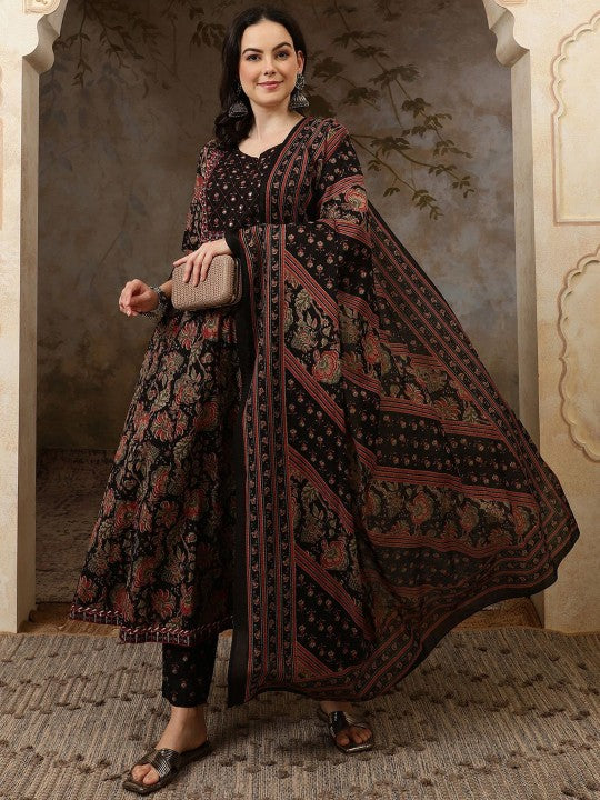 Black Floral Printed Pure Cotton Anarkali Kurta With Trousers & Dupatta