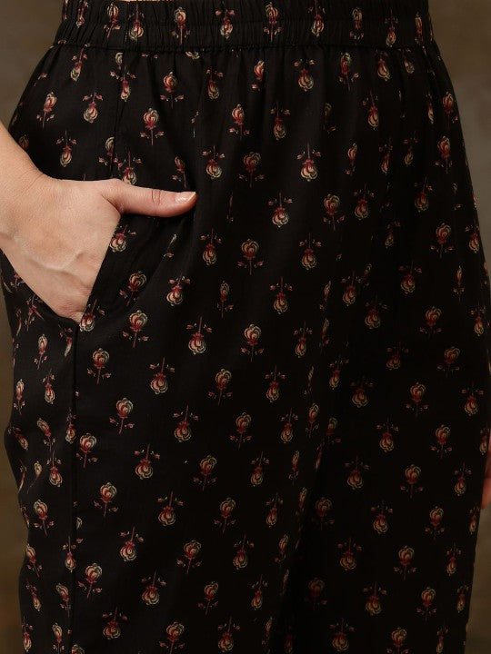 Black Floral Printed Pure Cotton Anarkali Kurta With Trousers & Dupatta