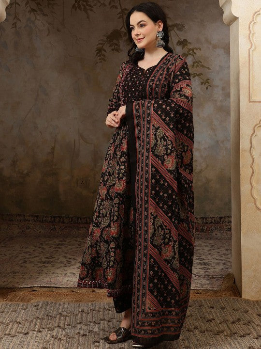 Black Floral Printed Pure Cotton Anarkali Kurta With Trousers & Dupatta