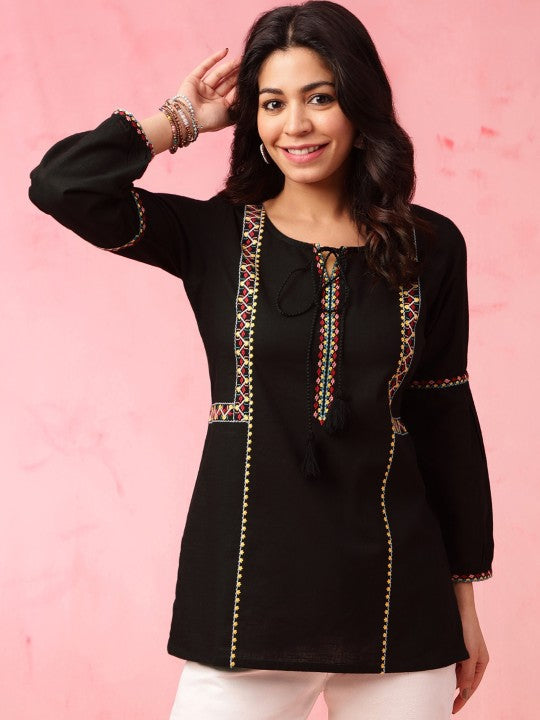 Black Geometric Embroidered Tie Up Neck Pure Cotton Kurti-1