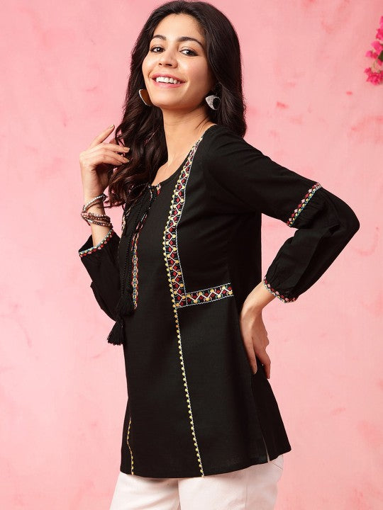 Black Geometric Embroidered Tie Up Neck Pure Cotton Kurti-2