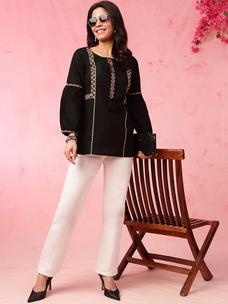 Black Geometric Embroidered Tie Up Neck Pure Cotton Kurti-3
