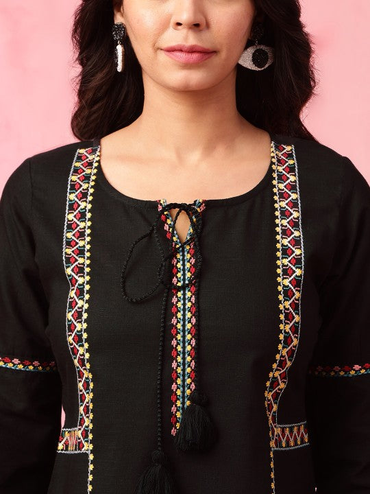Black Geometric Embroidered Tie Up Neck Pure Cotton Kurti-4