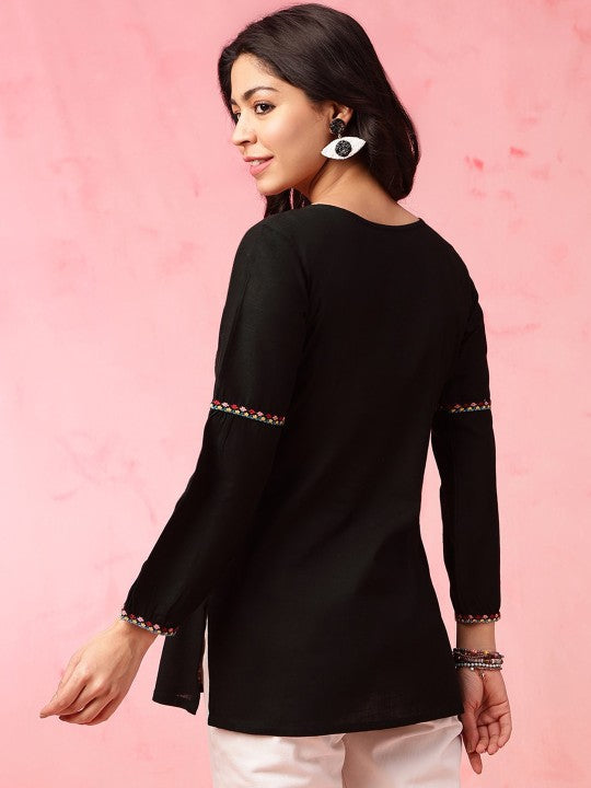 Black Geometric Embroidered Tie Up Neck Pure Cotton Kurti-5
