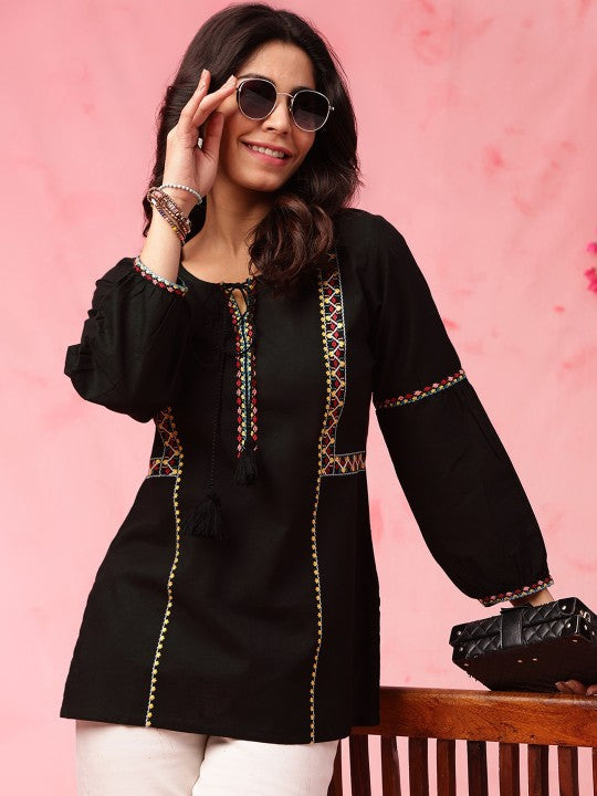 Black Geometric Embroidered Tie Up Neck Pure Cotton Kurti